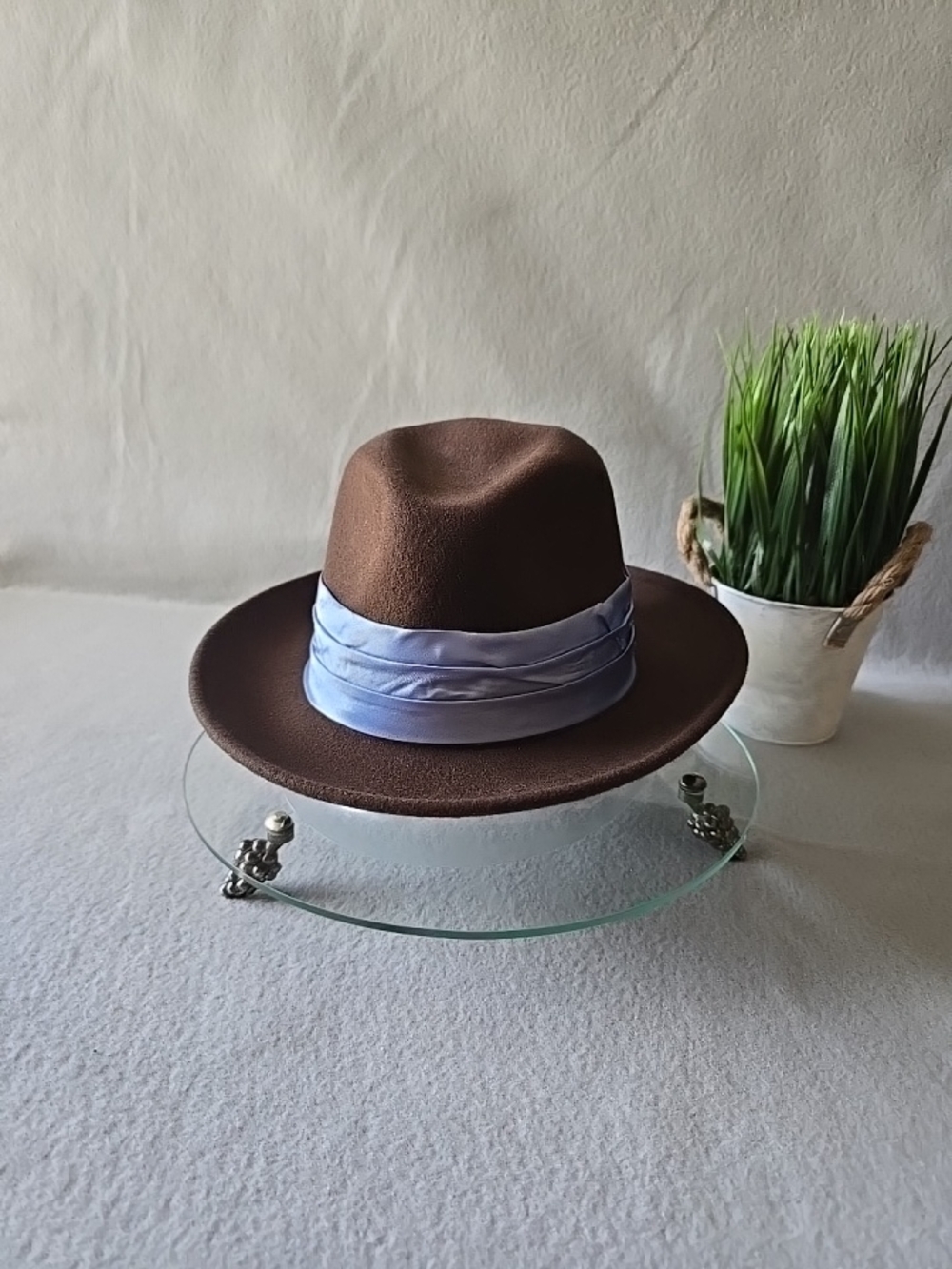 Steven Land Men Brown Wool Fedora Light Blue Silk Lining Rachael Collection Sz S